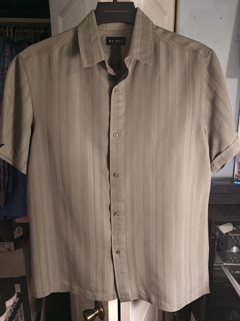 Axcess Men's Short Sleeve Button-Down Shirt in Light Gray and Tan Stripe